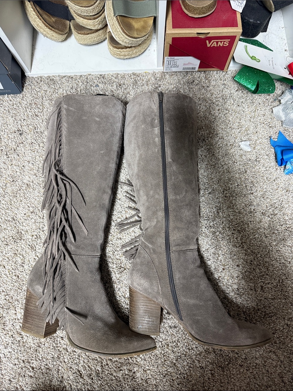 Steve Madden Taupe Suede Fringe Knee-High Boots